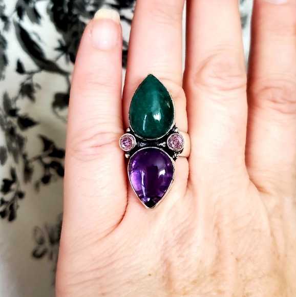 New Amethyst, Emerald & Pink Topaz 925 Silver Statement Ring. - Picture 2 of 7
